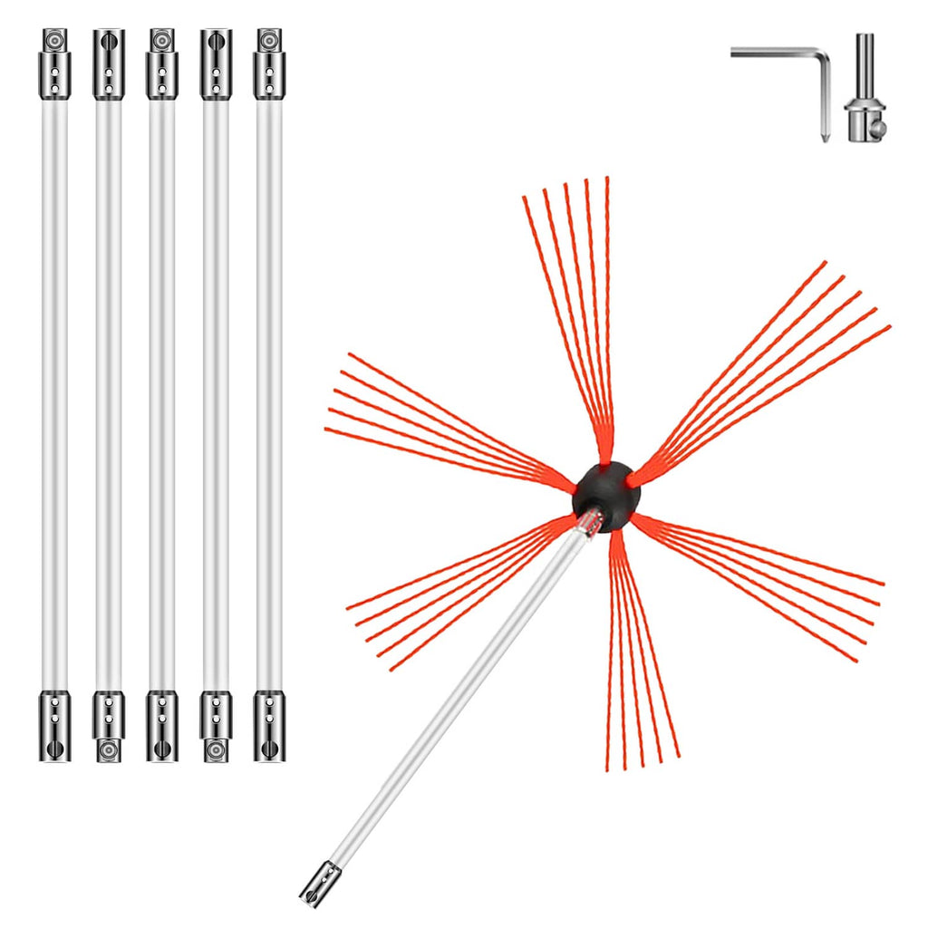 Chimney cleaning brush kit with red bristle head and silver extension rods