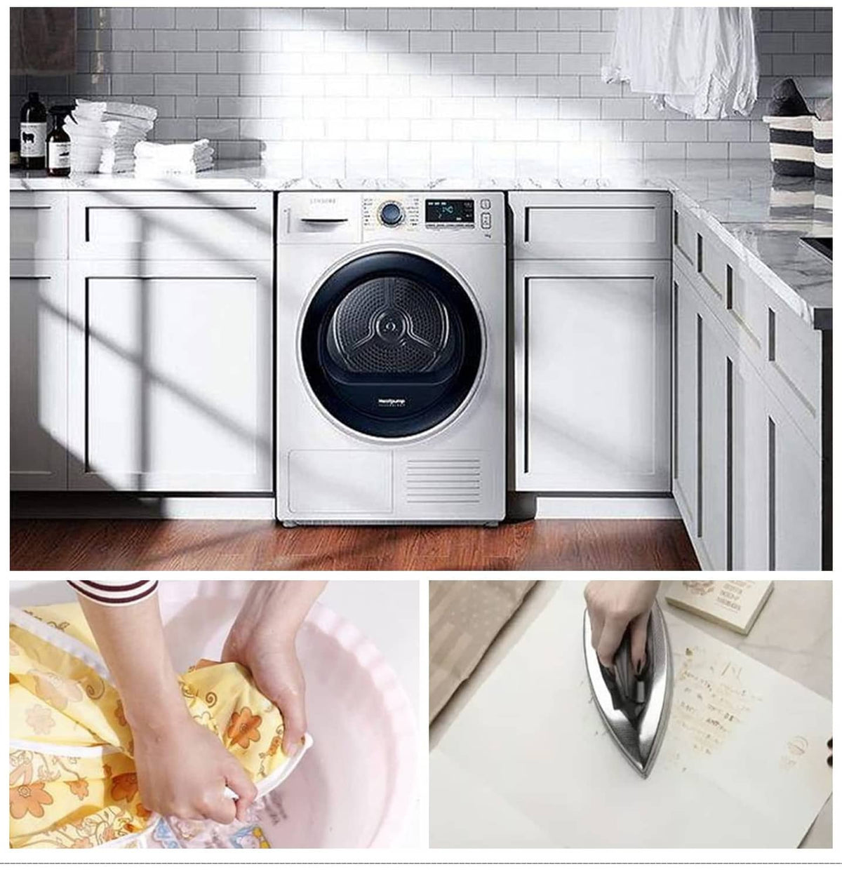 Photography backdrop care scene with washing machine, iron, and fabric handling