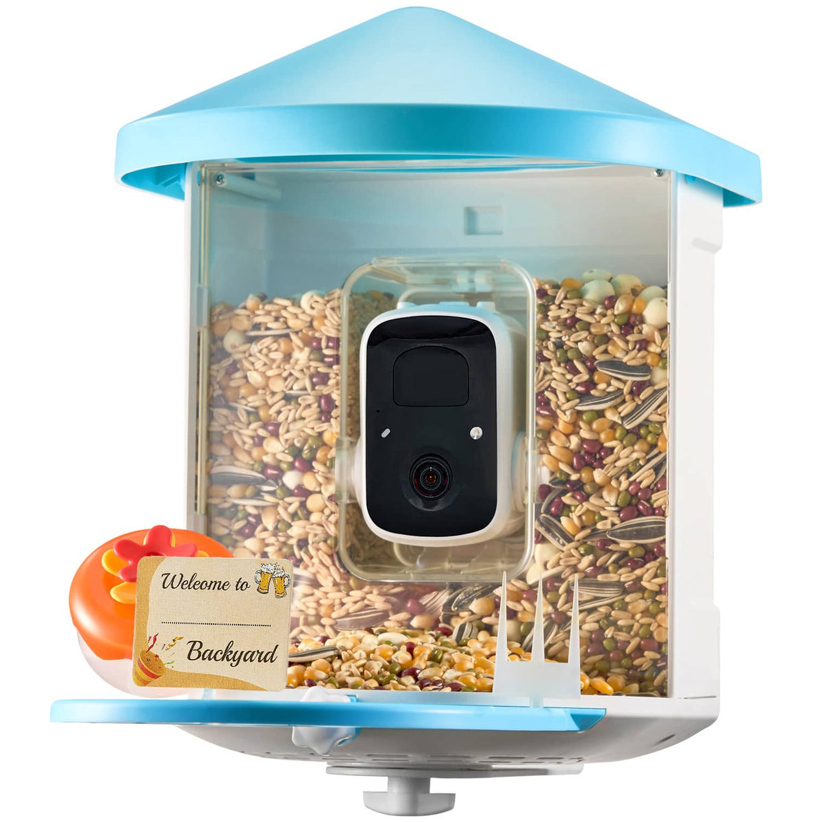 Blue smart bird feeder with 2K camera and solar panel, front view with mixed seeds