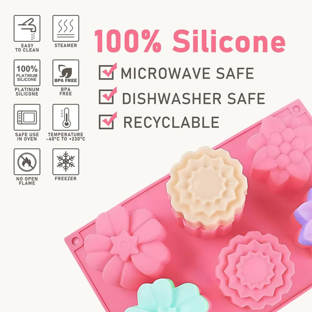 Pink silicone soap mold with flower cavity; microwave safe and dishwasher safe icons