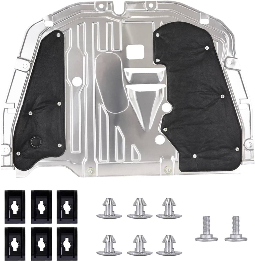Engine splash guard underbody shield with silver metal plate and two black side pads