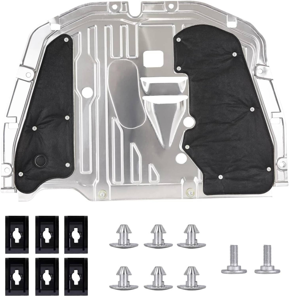 Engine splash guard underbody shield with silver metal plate and two black side pads