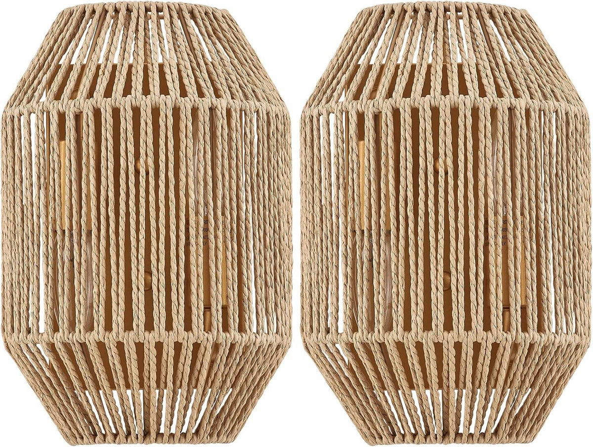 Pair of woven rattan wall sconce shades with open top and bottom lattice