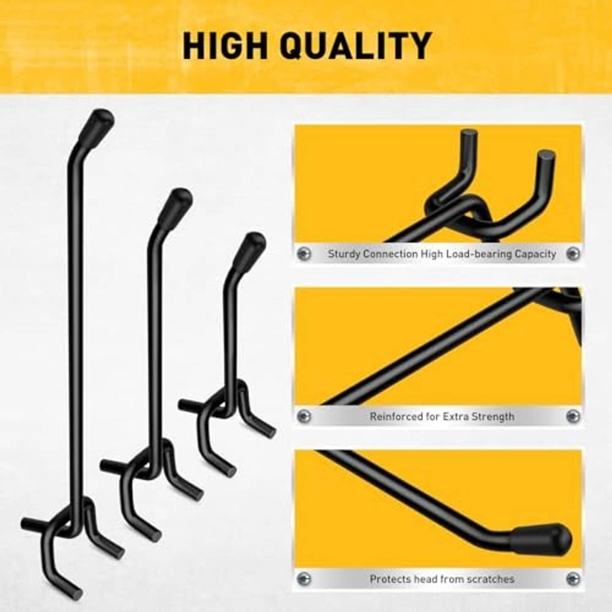 Assorted black pegboard hook stands with reinforced joints and rounded end caps