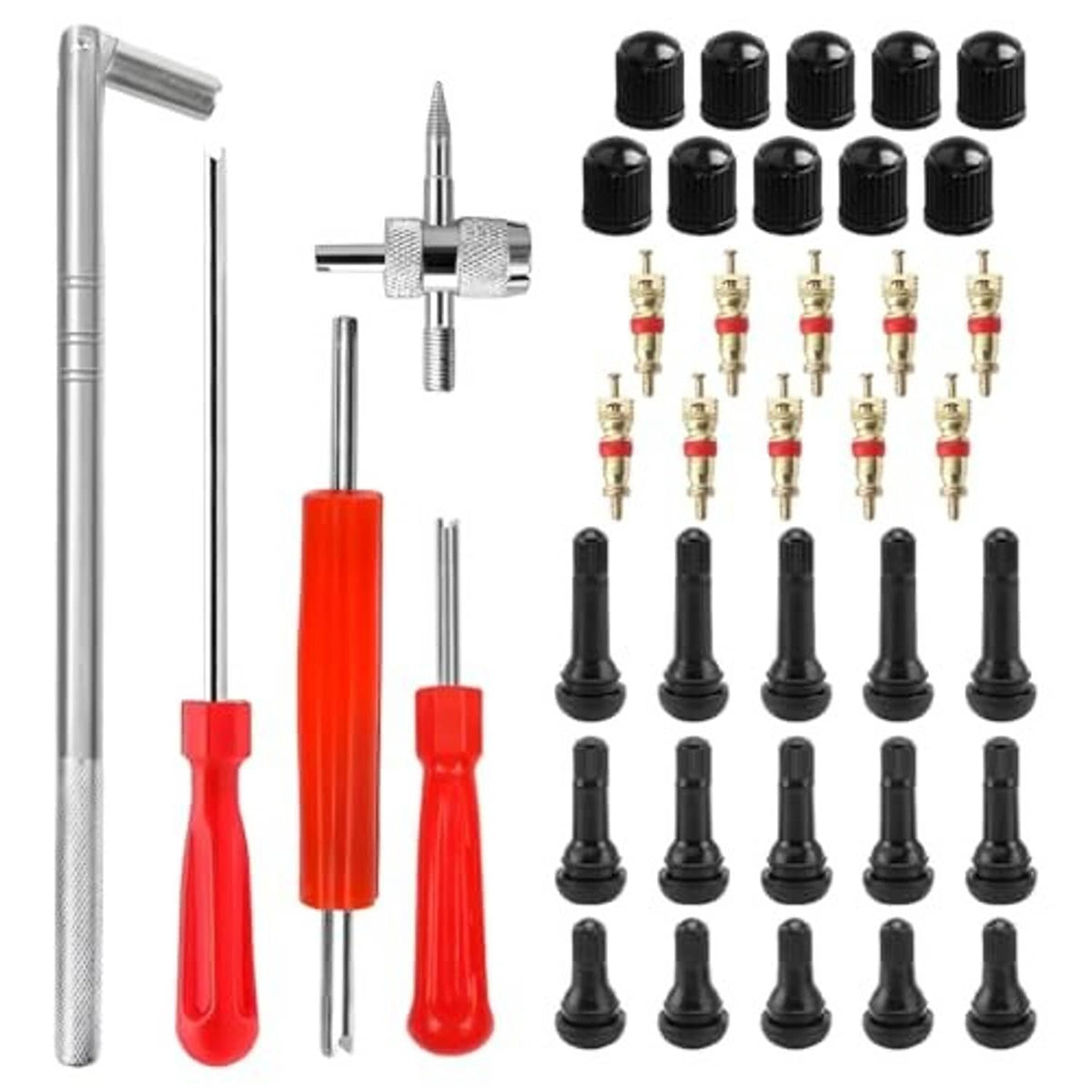 Tire valve stem removal tool kit with metal puller, red-handled drivers, black caps set