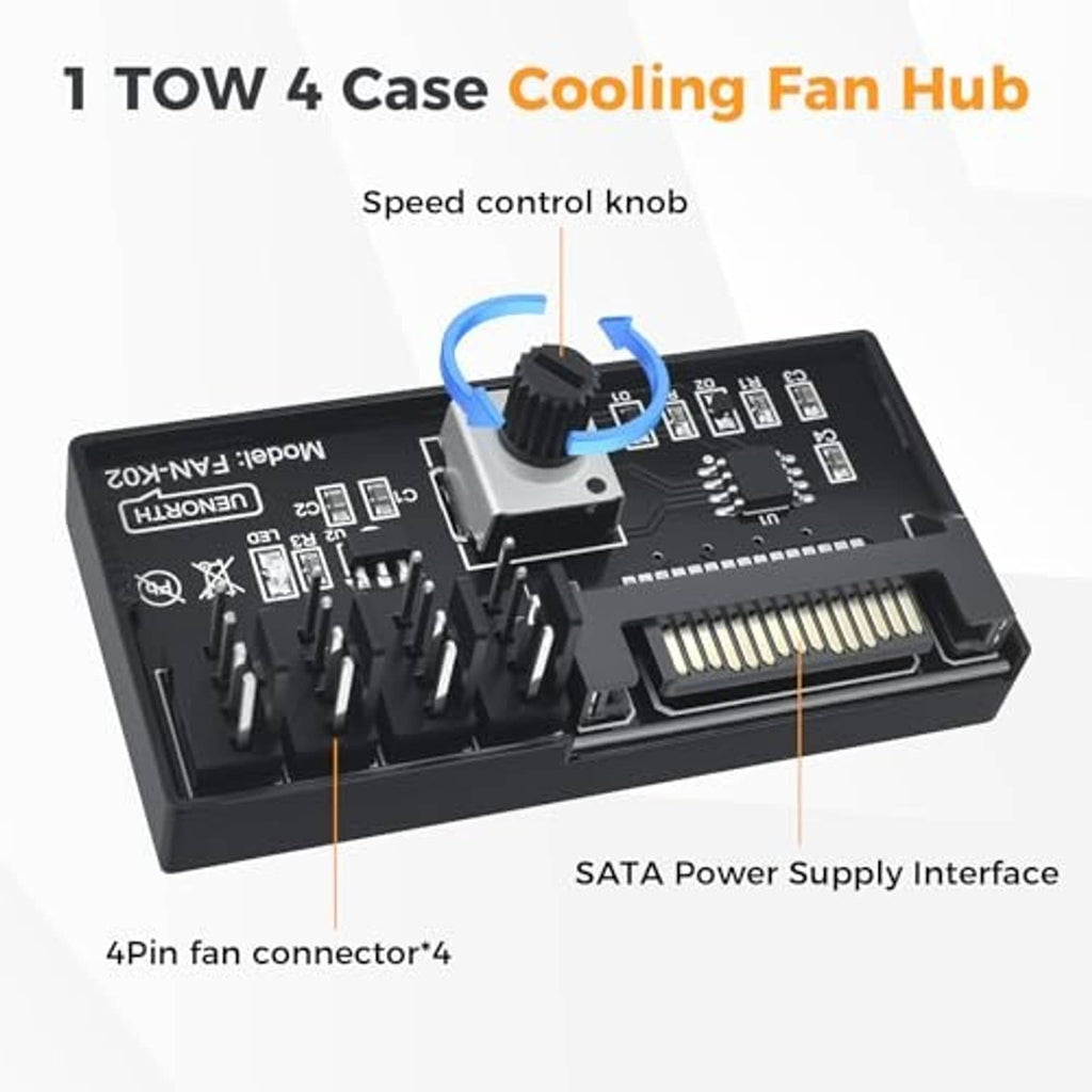 PC PWM fan speed controller hub with speed control knob, circuit board, and 4-pin fan outputs