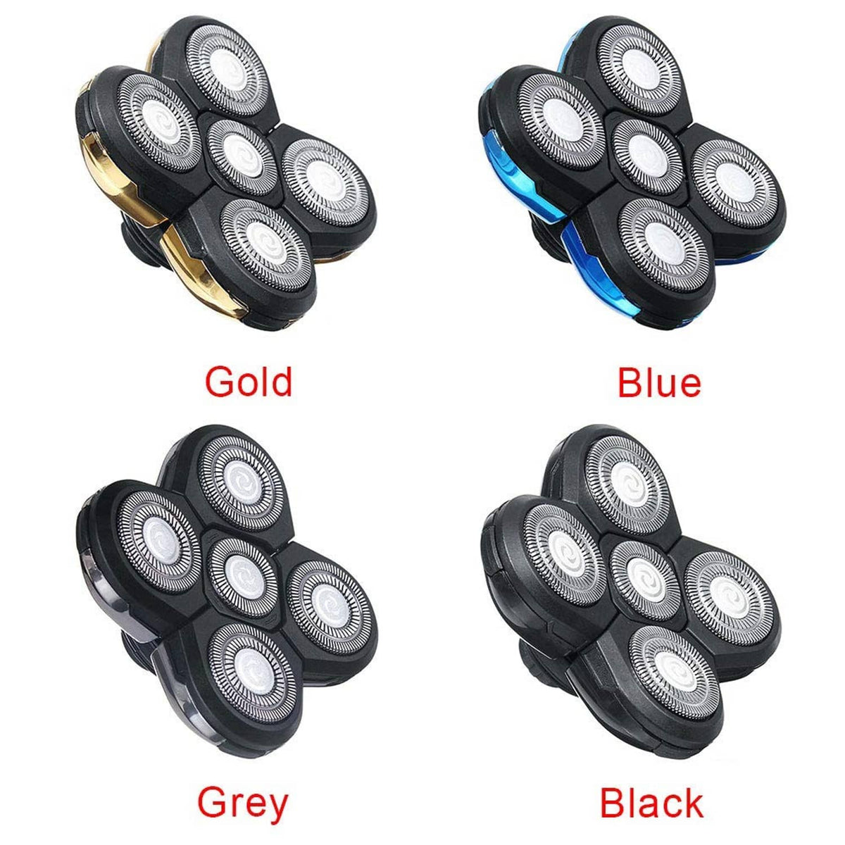 Electric razor replacement blade heads in black, blue, gold, and grey color options
