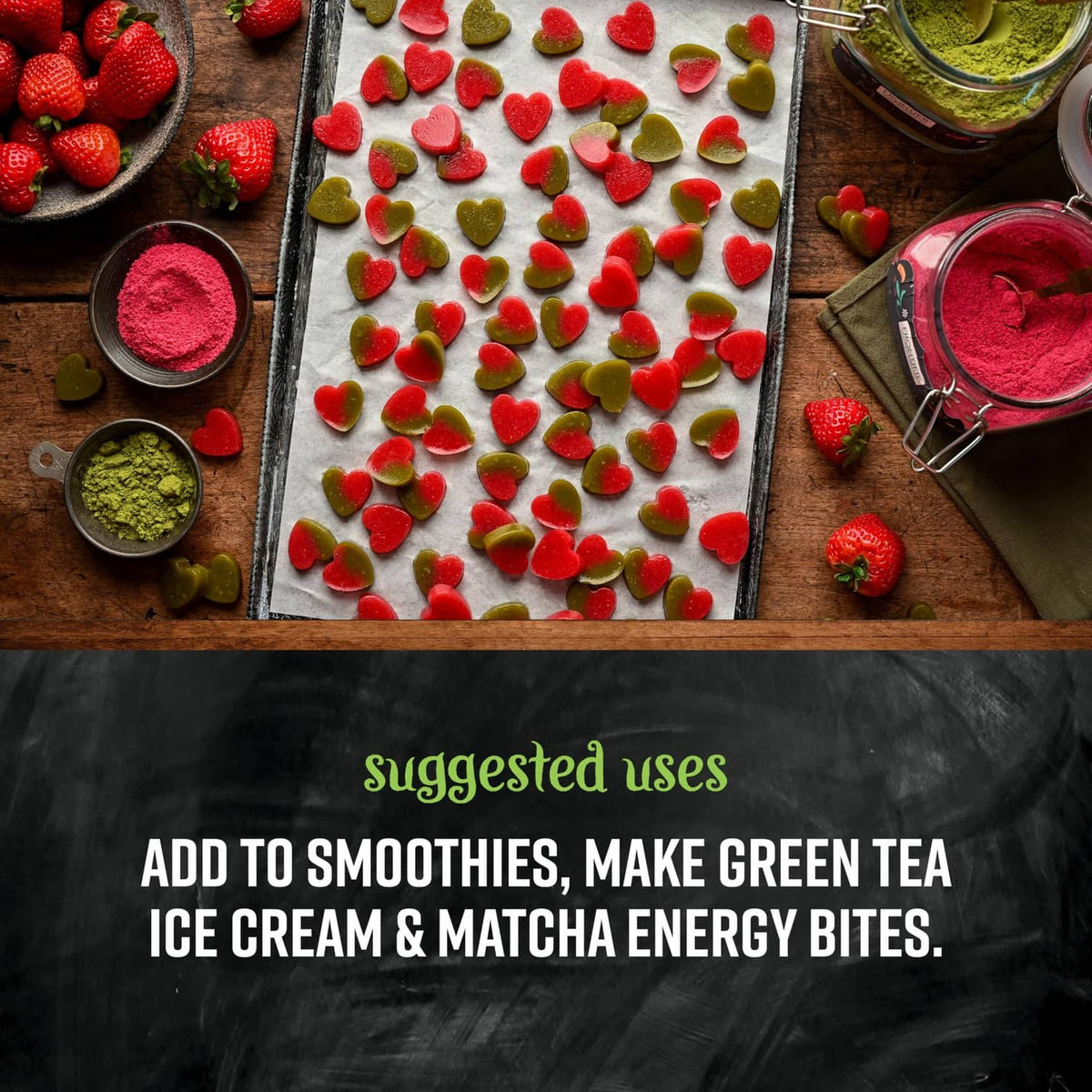 Tray of matcha green tea powder with red powder and strawberry slices