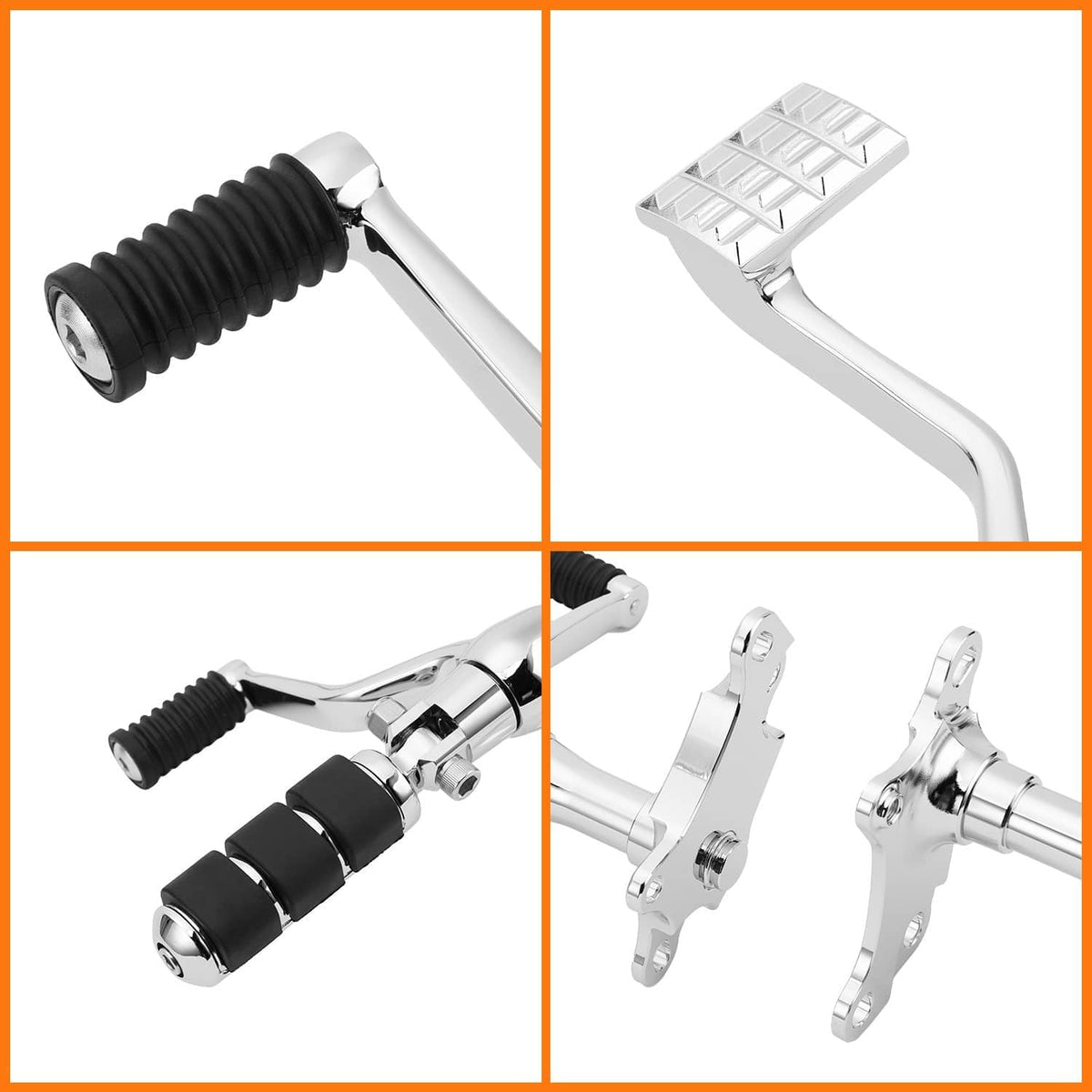 Chrome lever arms with black rubber pegs and mounting brackets, close-up detail