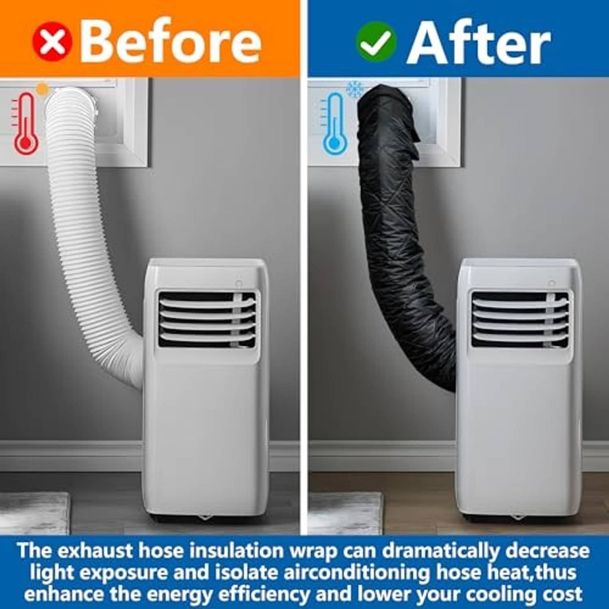 Black insulated AC exhaust hose wrap covering a white corrugated hose