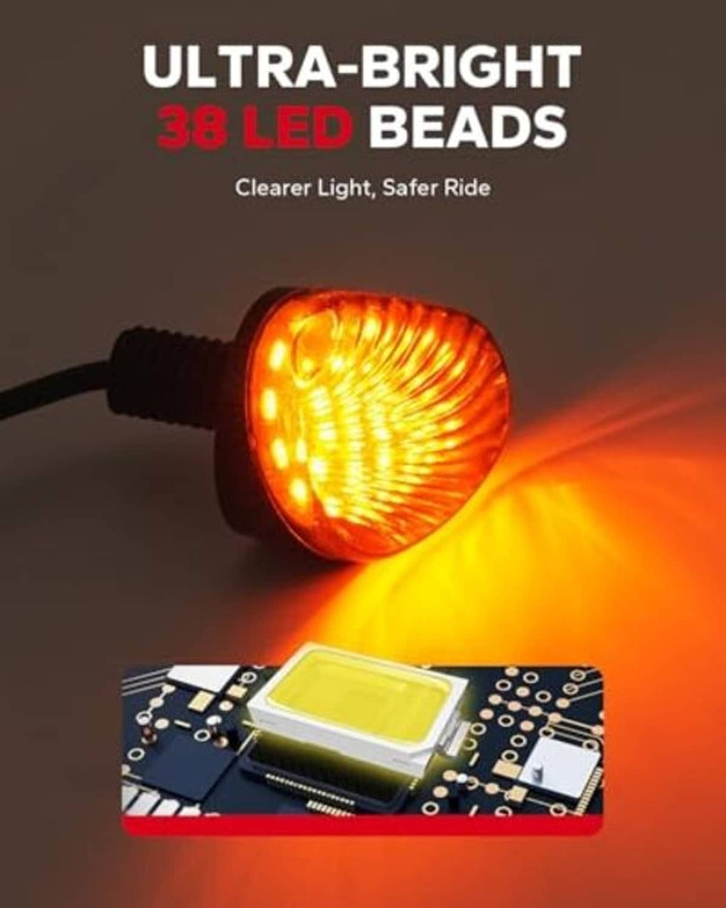 Glowing amber LED turn signal with smoked oval lens and black mounting base