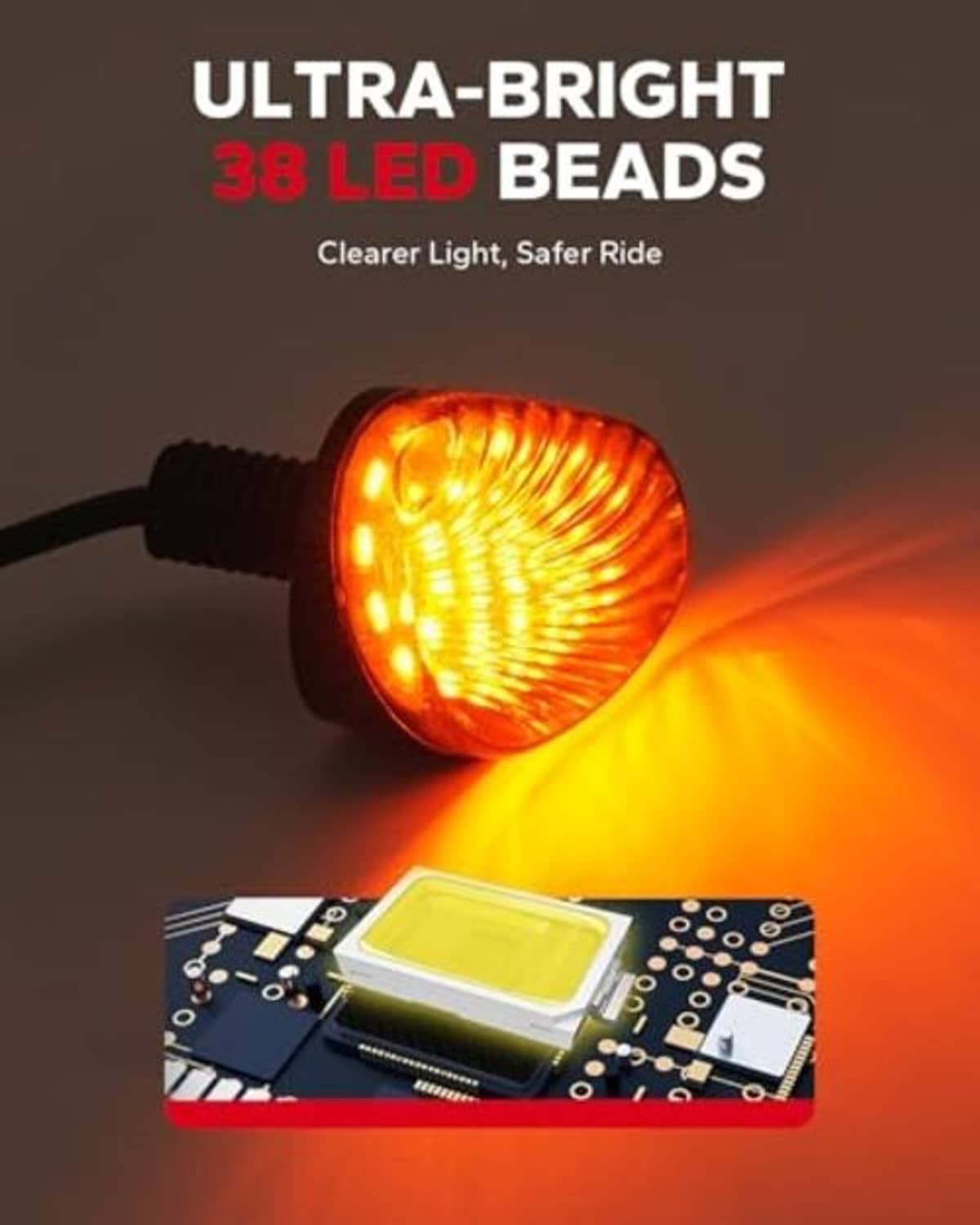 Glowing amber LED turn signal with smoked oval lens and black mounting base