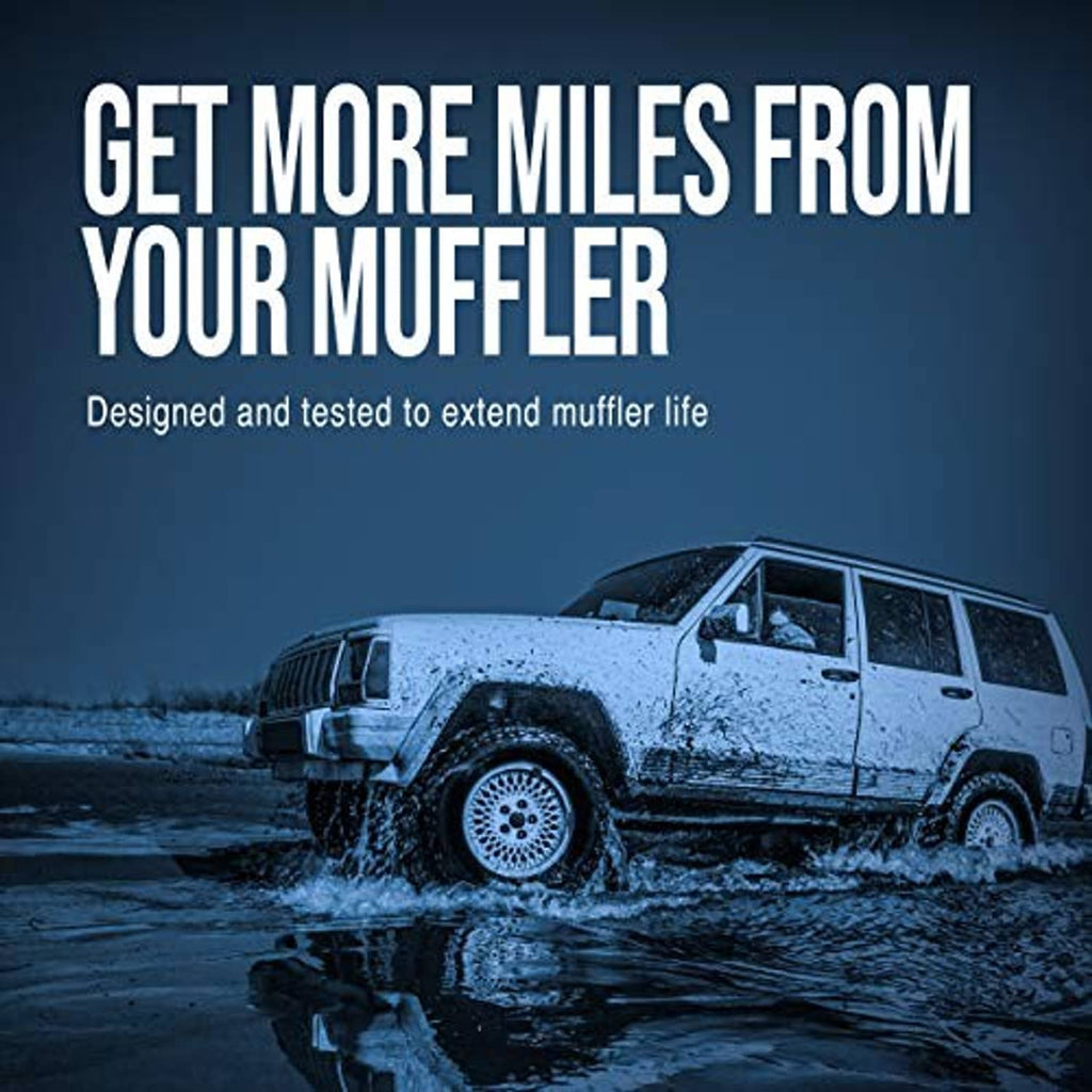 Mud-covered off-road SUV with a small exhaust muffler graphic in the foreground