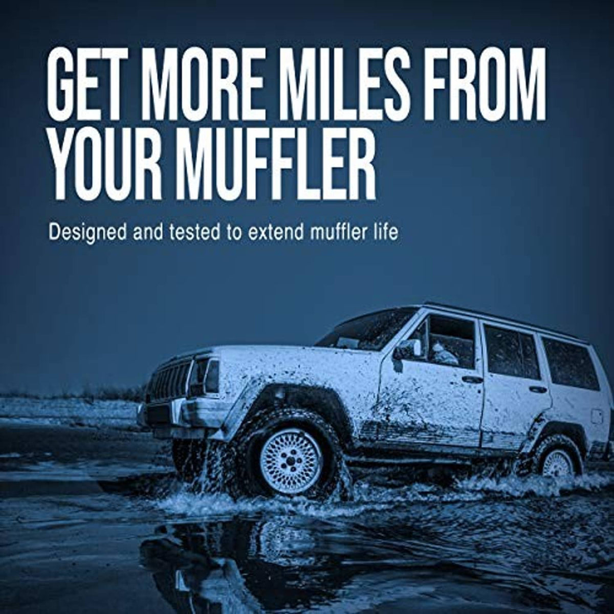 Mud-covered off-road SUV with a small exhaust muffler graphic in the foreground