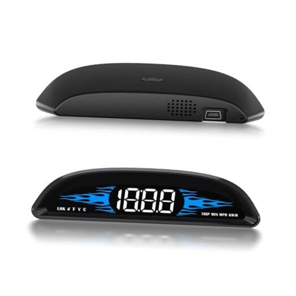 Car head up display gauge, black curved housing with blue flame-style speed screen
