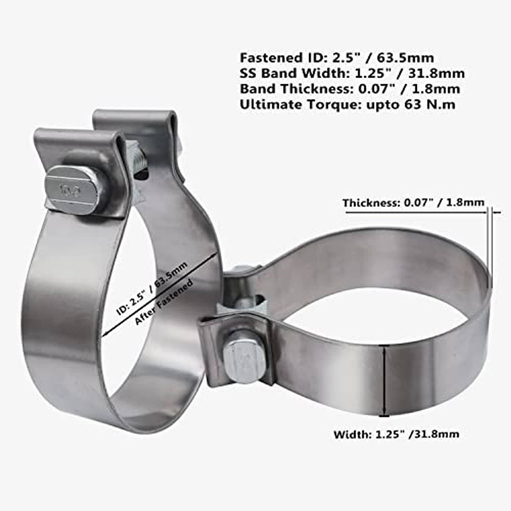 2.5 in narrow band exhaust clamp with U-shaped stainless band and threaded bolt