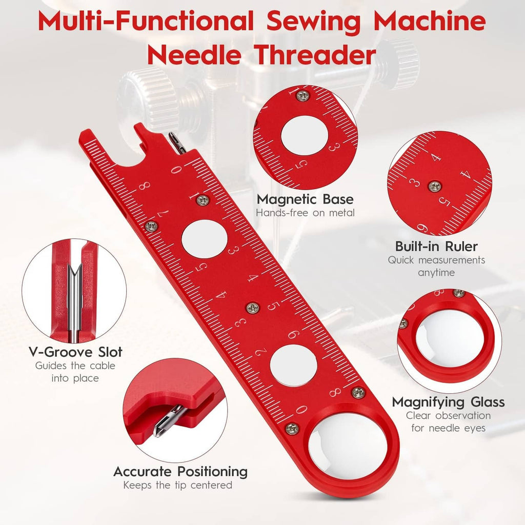 Red multi-function sewing machine needle threader with built-in ruler