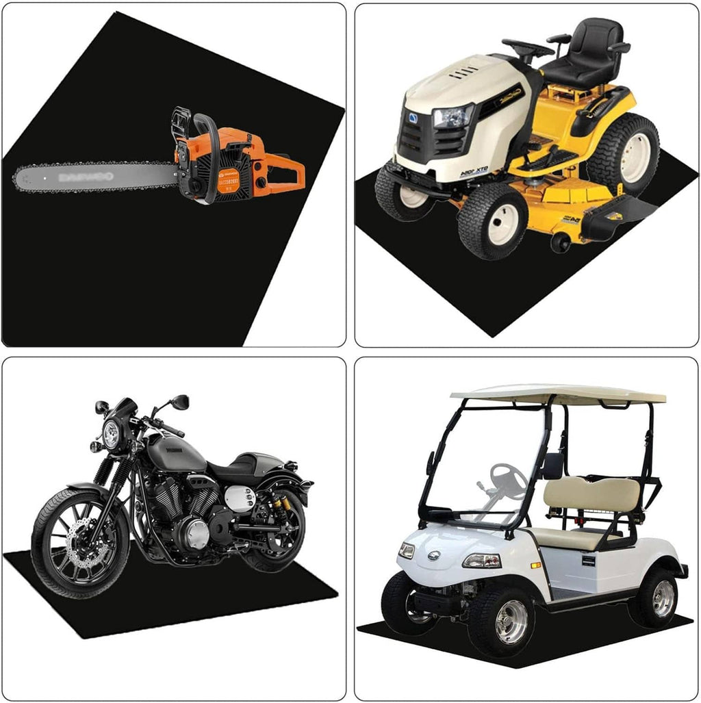 Black oil spill mat shown under vehicles and with a chainsaw