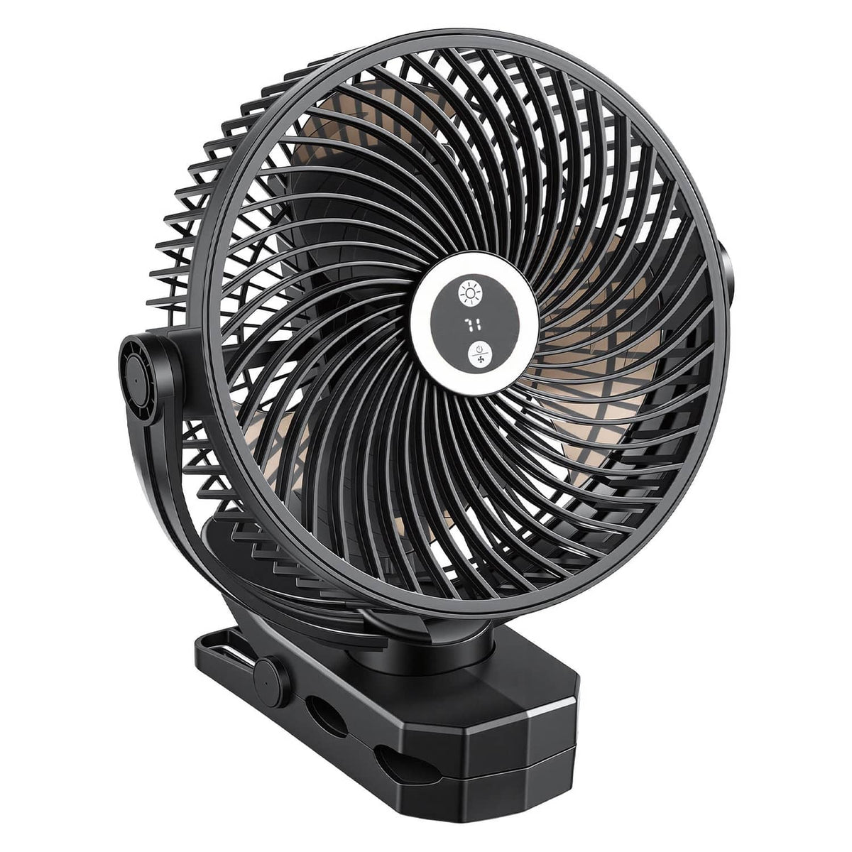 Portable rechargeable clip fan with grille, USB power port, dark plastic body