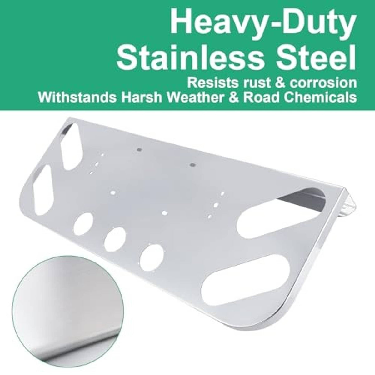 Angled stainless steel rear light panel with four oval cutouts and circular mounting holes