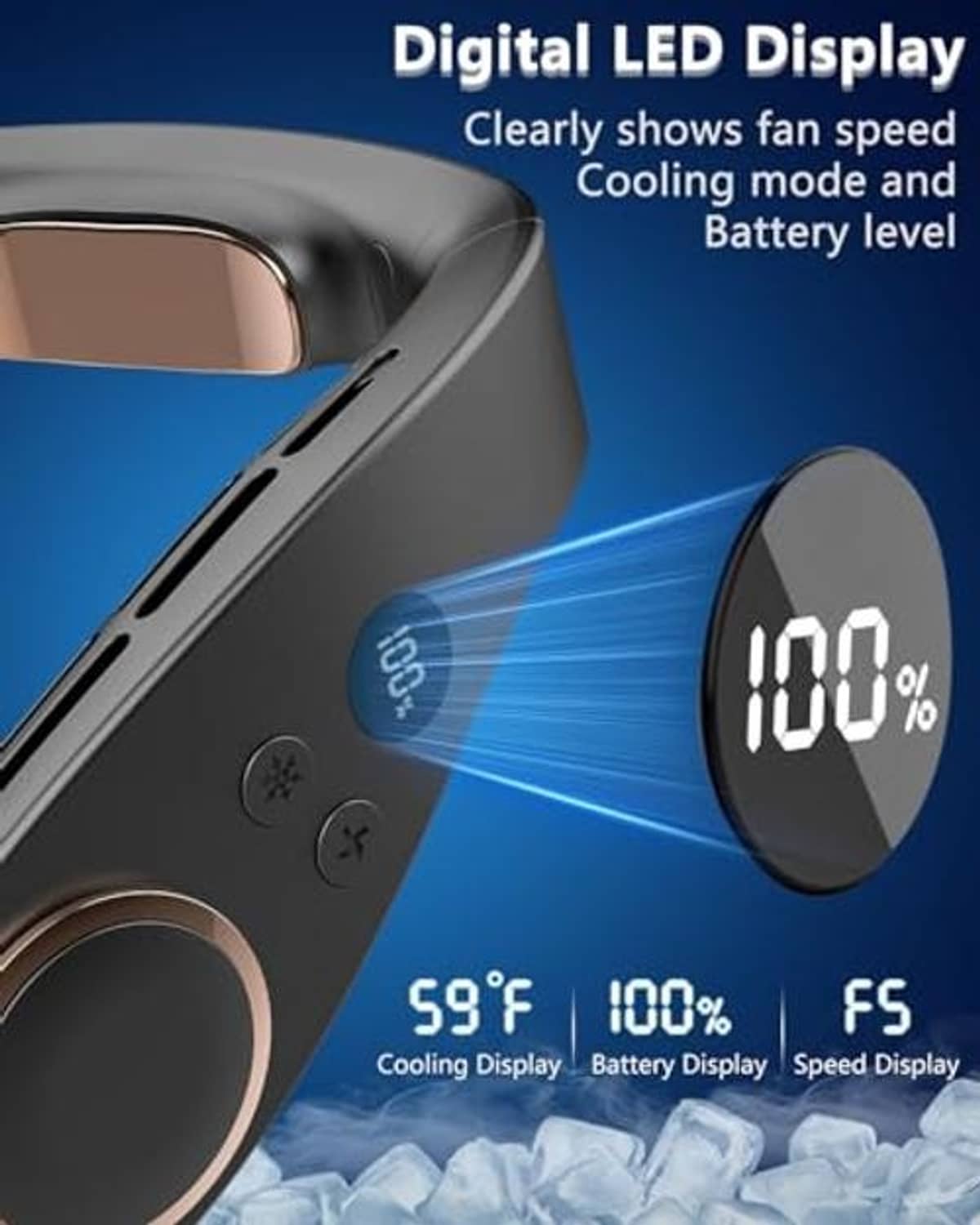 Black neck fan close-up with digital LED display showing 100% and cooling vents