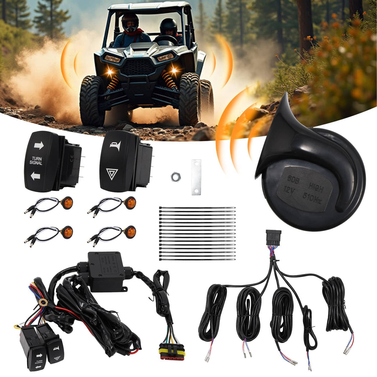 ATV hazard turn signal horn kit set with black horn, amber lights, switches, and cables
