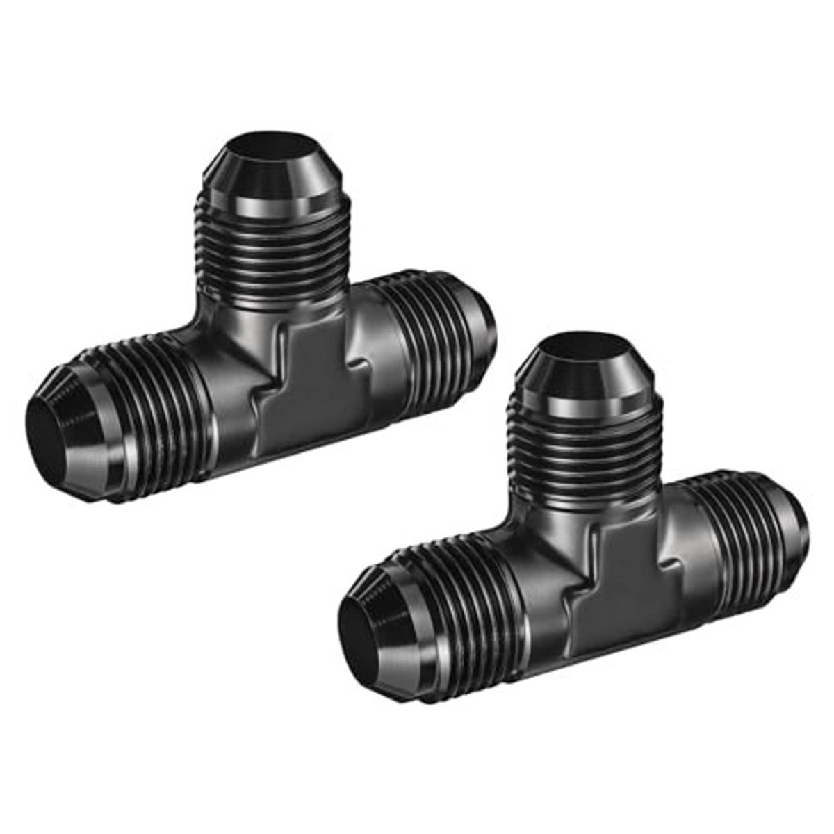Pair of black AN flare tee fittings, aluminum, angled 3-way threaded ports