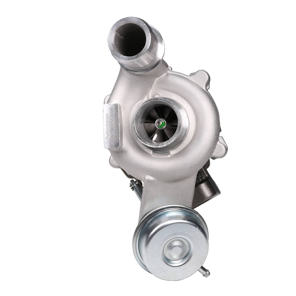 Turbocharger with air intake opening and compressor wheel housing, silver finish