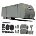 Gray RV travel trailer cover with zipper door and reinforced panels