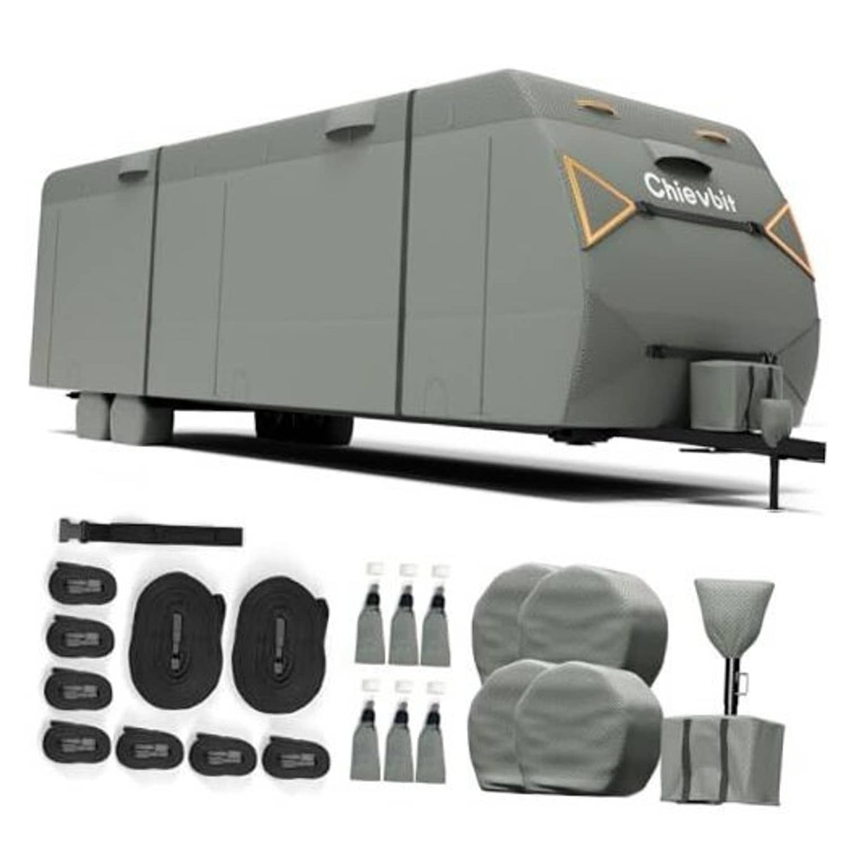 Gray RV travel trailer cover with zipper door and reinforced panels