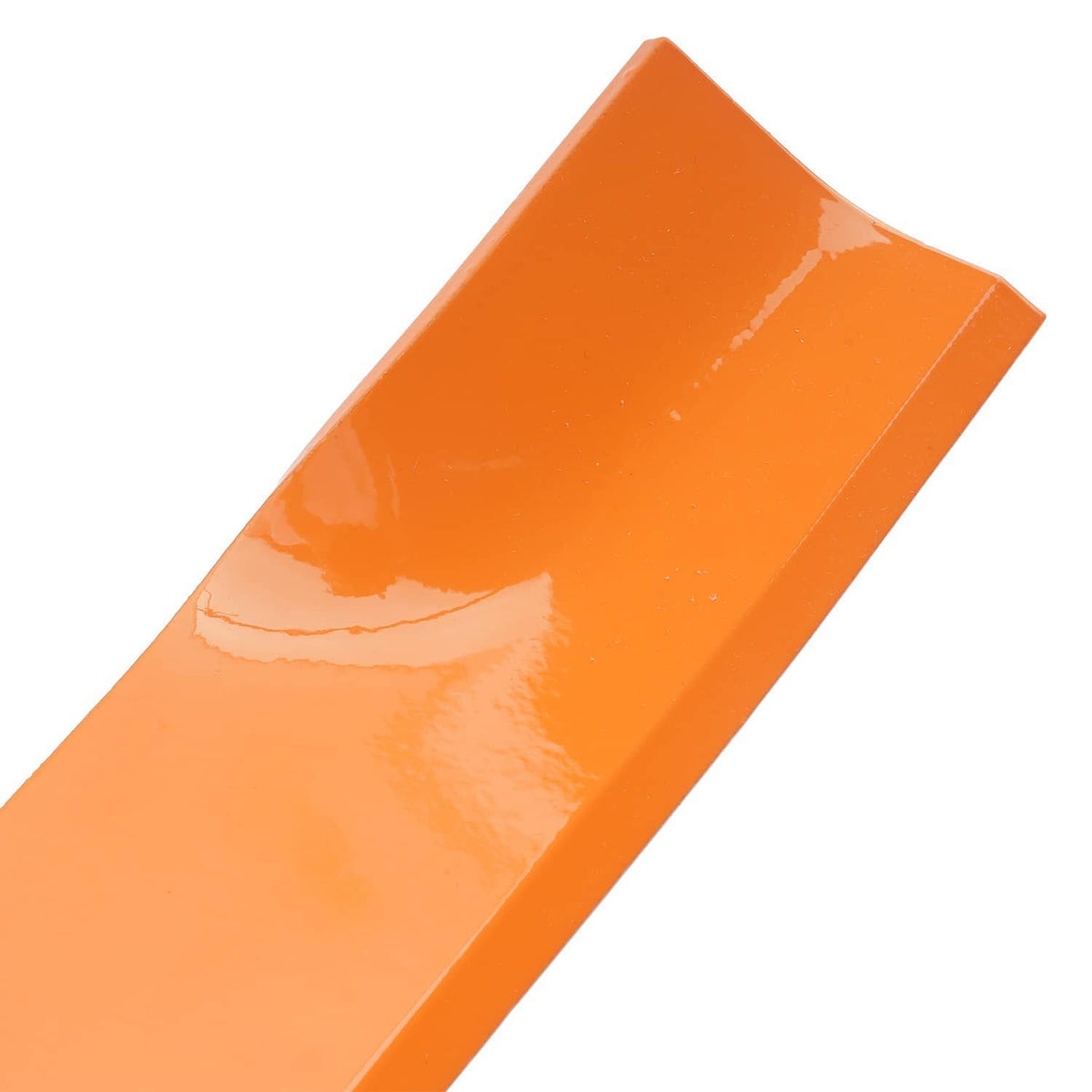 Orange lawn mower blade with curved edge and mounting hardware hole