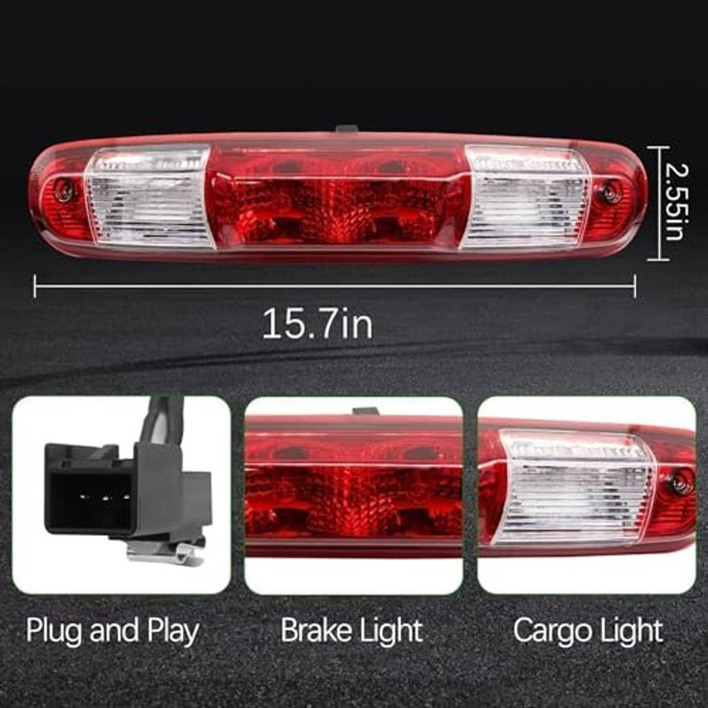 Red rear center high mount brake light, clear side lenses, compact rectangular housing