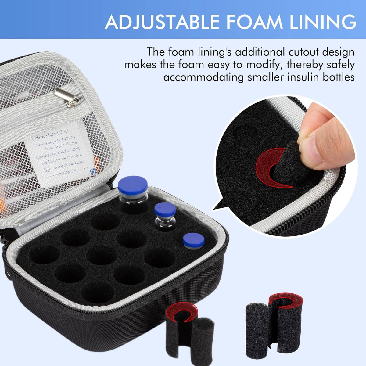 Black 12-slot case with adjustable foam insert and cutout vial compartments