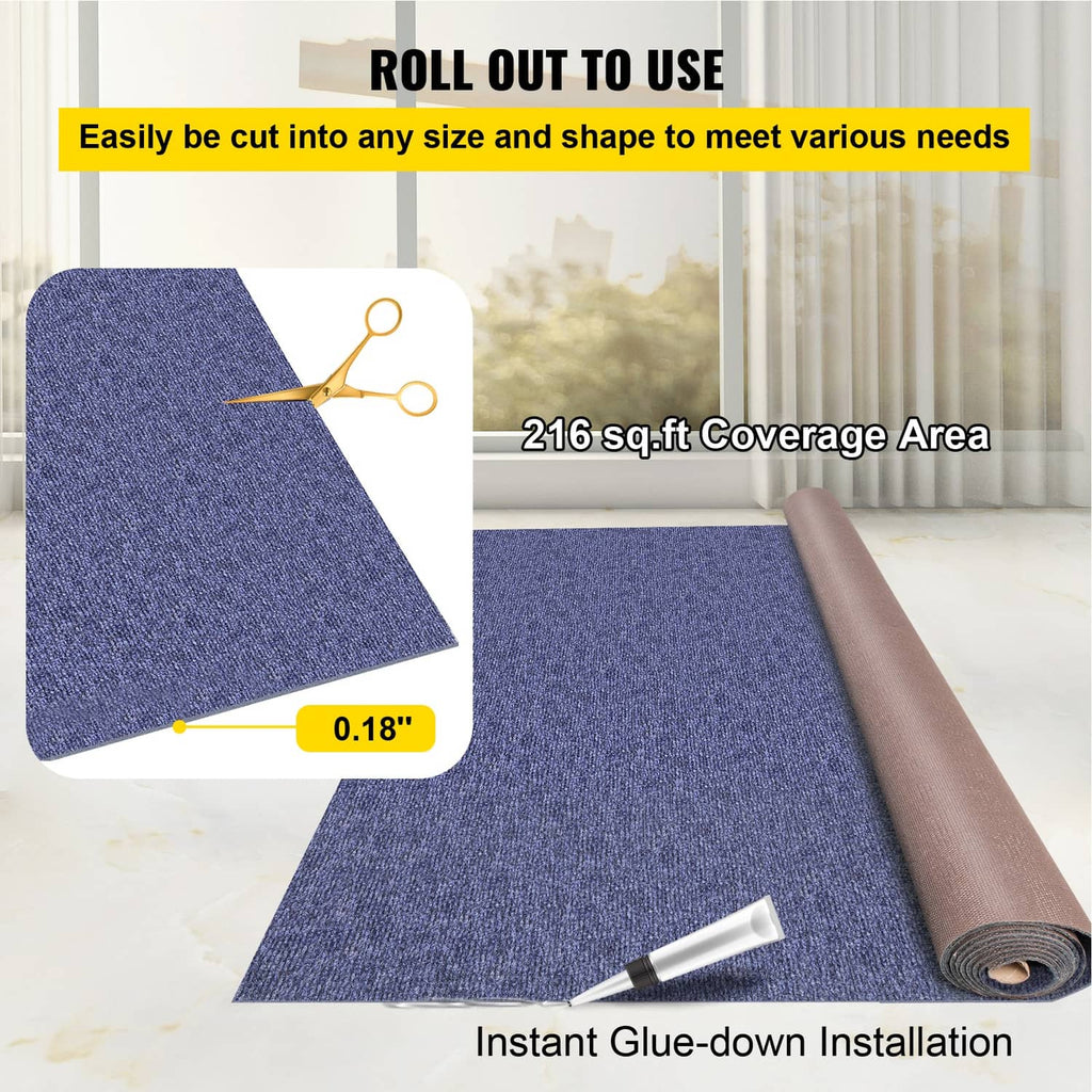 Blue marine rug laid out flat from a roll, dense cut-pile carpet texture