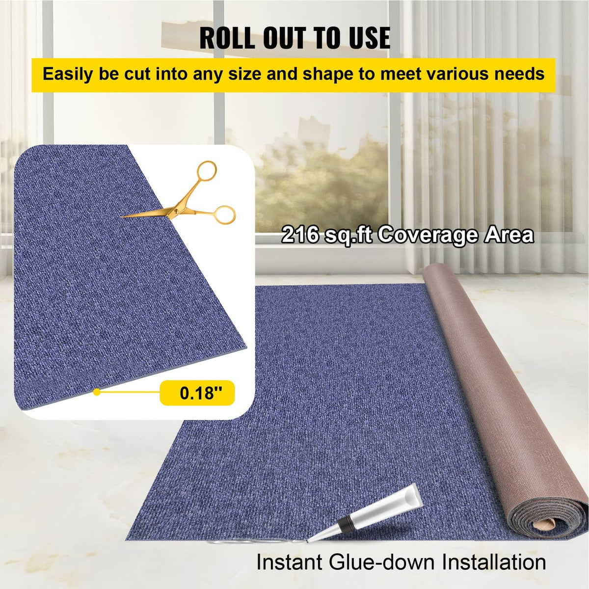 Blue marine rug laid out flat from a roll, dense cut-pile carpet texture