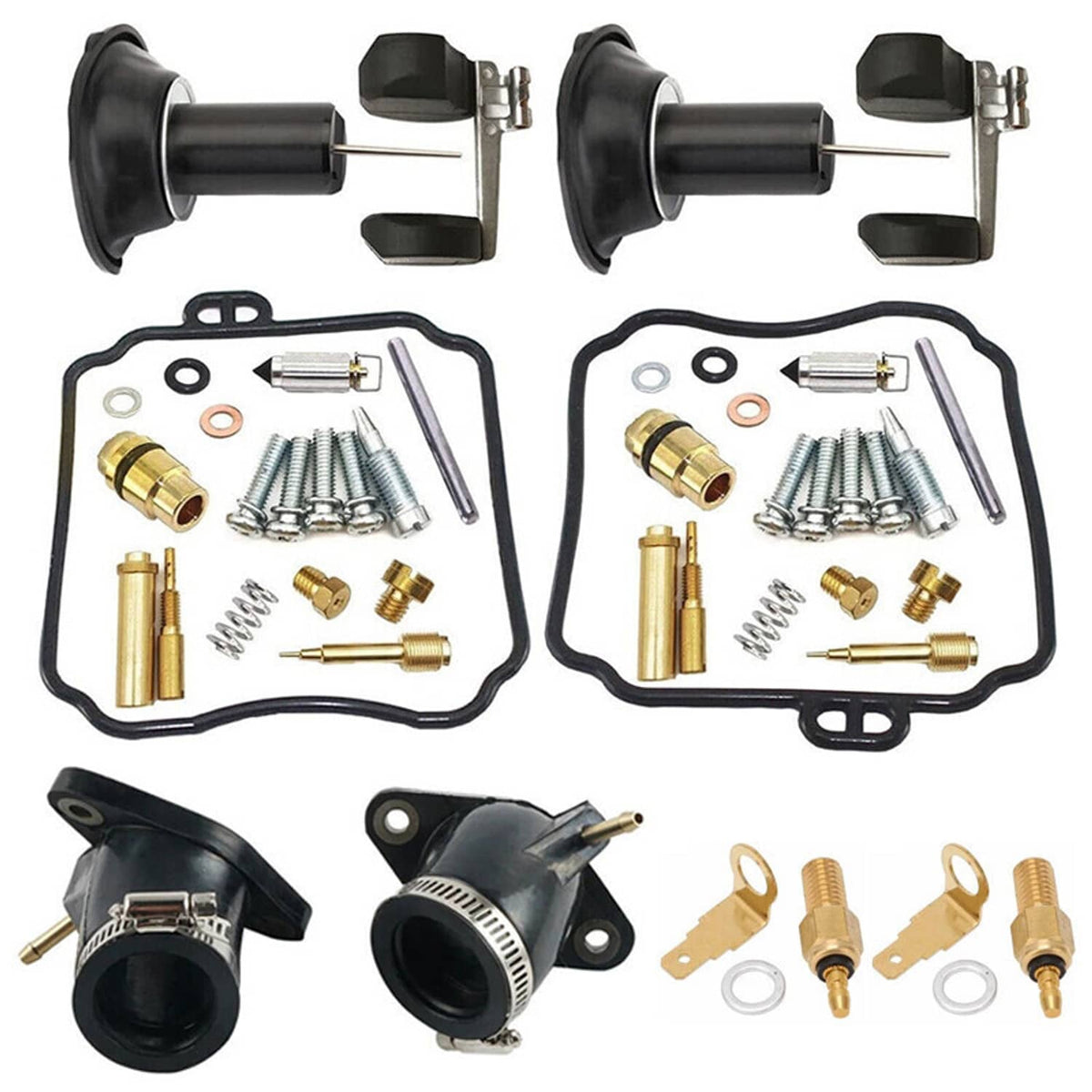 Carburetor rebuild kit assortment with black intake caps, brass fittings, springs, screws