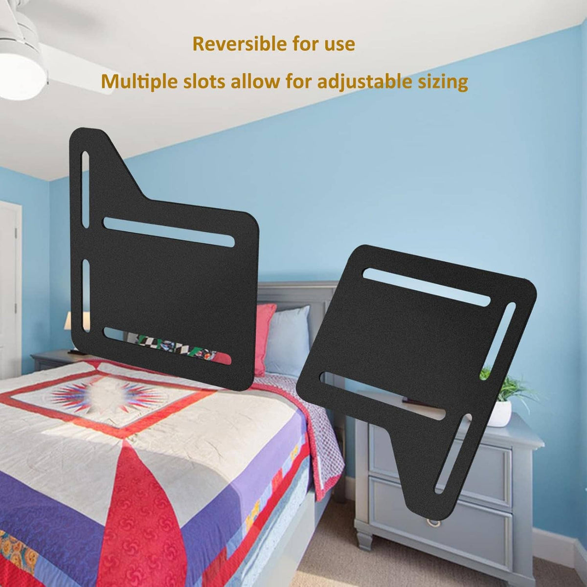 Two black reversible bed frame headboard brackets installed on bed frame posts