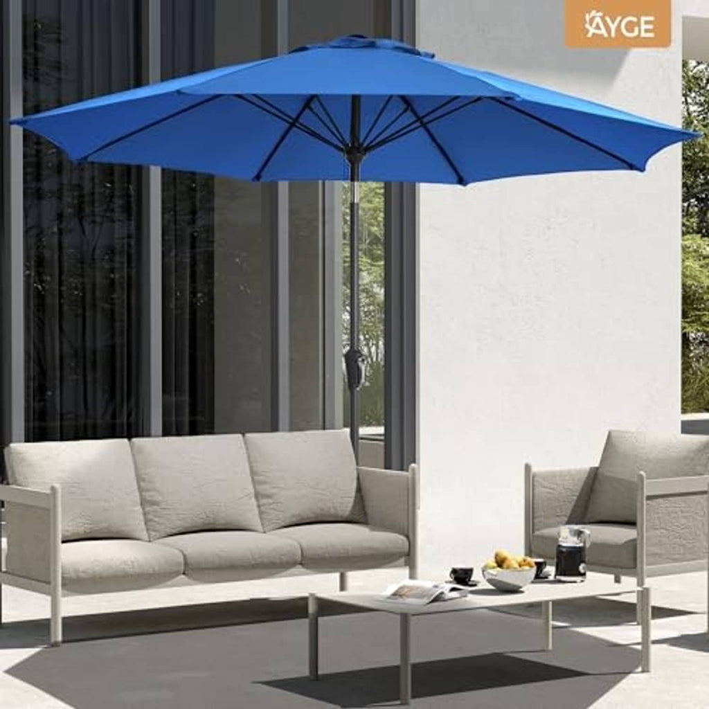 Blue patio umbrella open canopy with crank pole and push-button tilt control