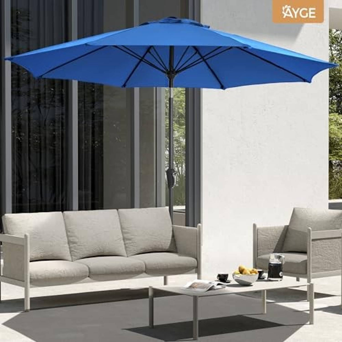 Blue patio umbrella open canopy with crank pole and push-button tilt control