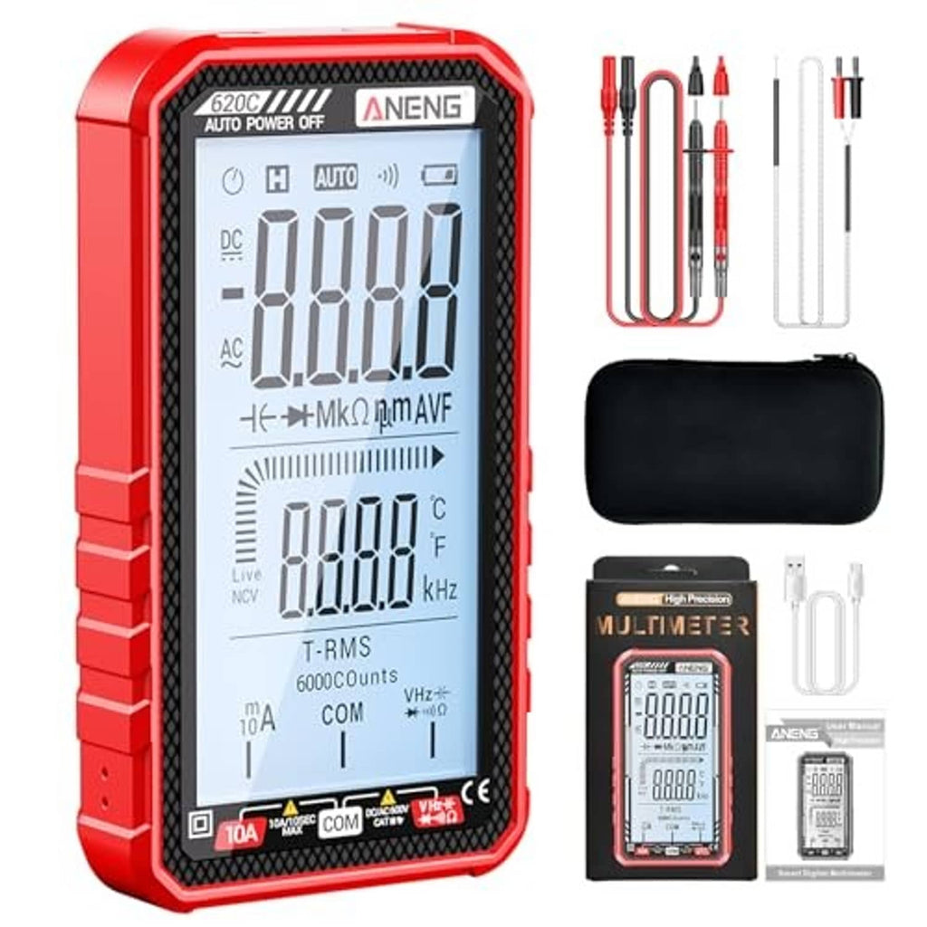 Red digital multimeter tester with LCD screen, included probe leads and protective case