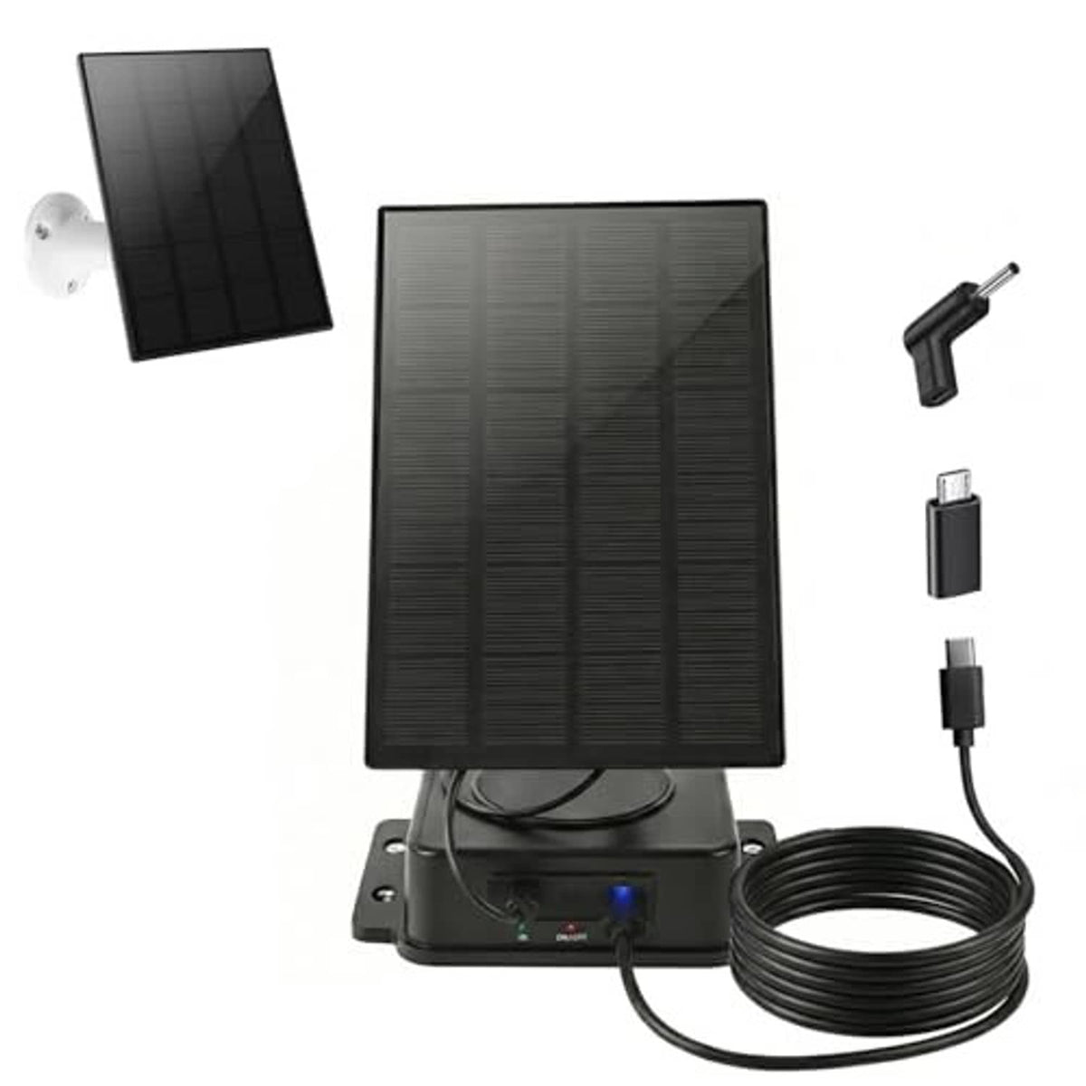 Solar panel security charger kit with mounting base and bundled power cable