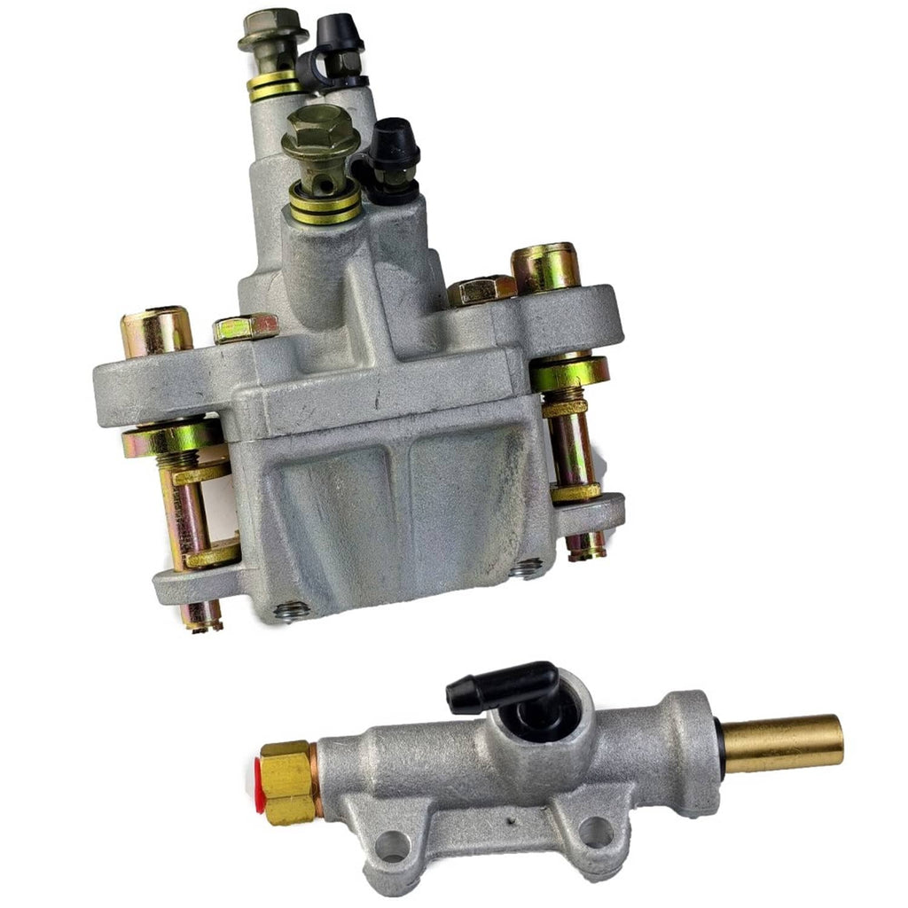 Rear brake caliper and master cylinder, top view showing mounting holes and fittings