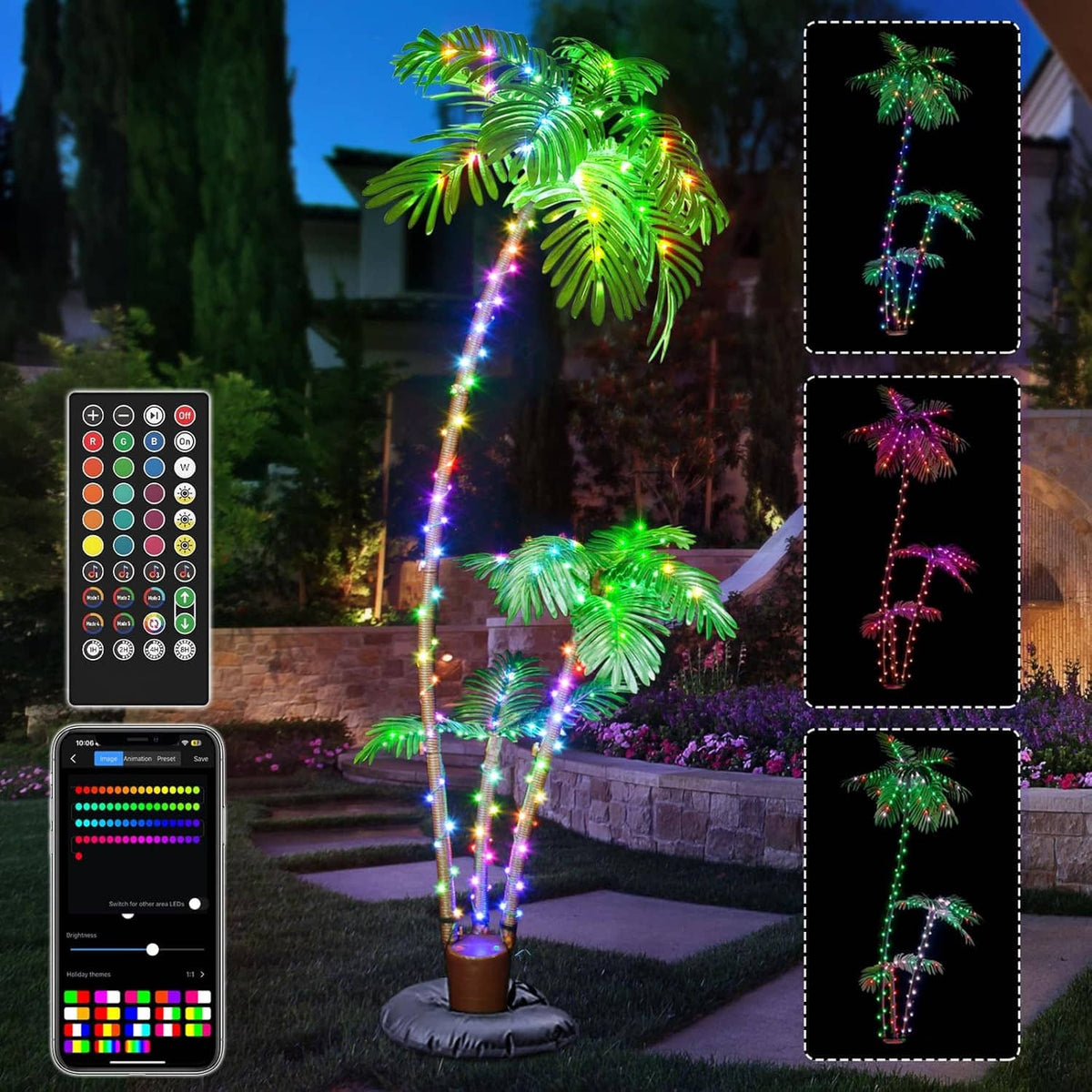 RGB LED lighted palm tree with multicolor lights and lit trunk, plus remote controls