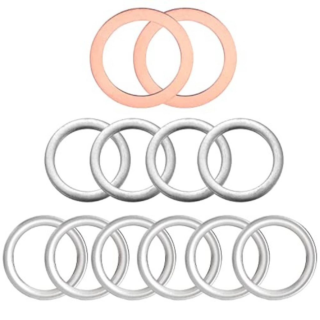 Pack of plug gasket rings: two copper-colored and several silver-toned washers