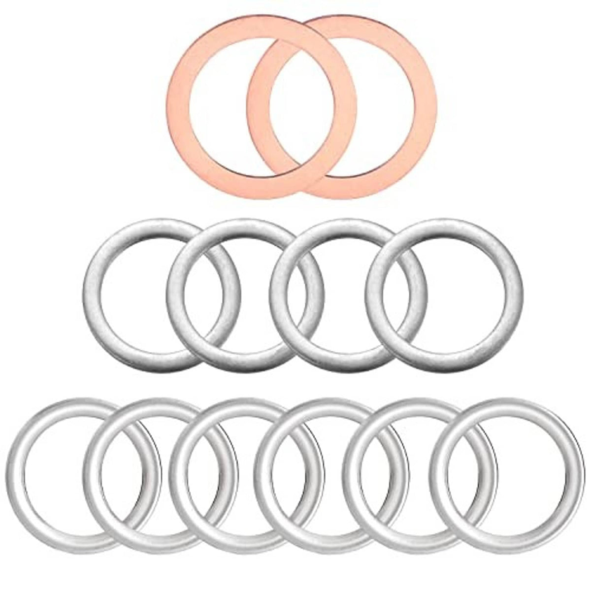 Pack of plug gasket rings: two copper-colored and several silver-toned washers