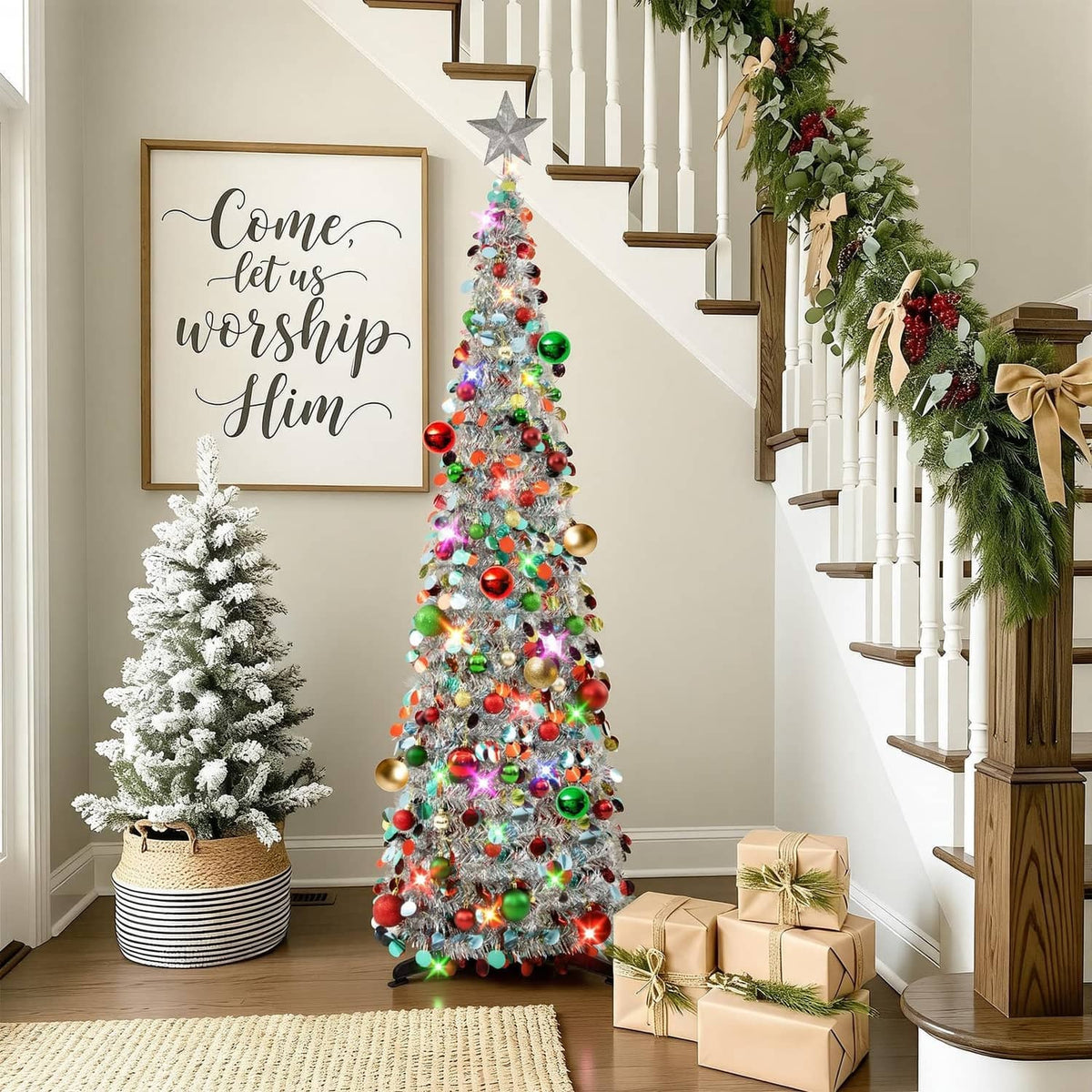 Lit 5 ft silver-mix tinsel Christmas tree with star topper and multicolor ornament balls