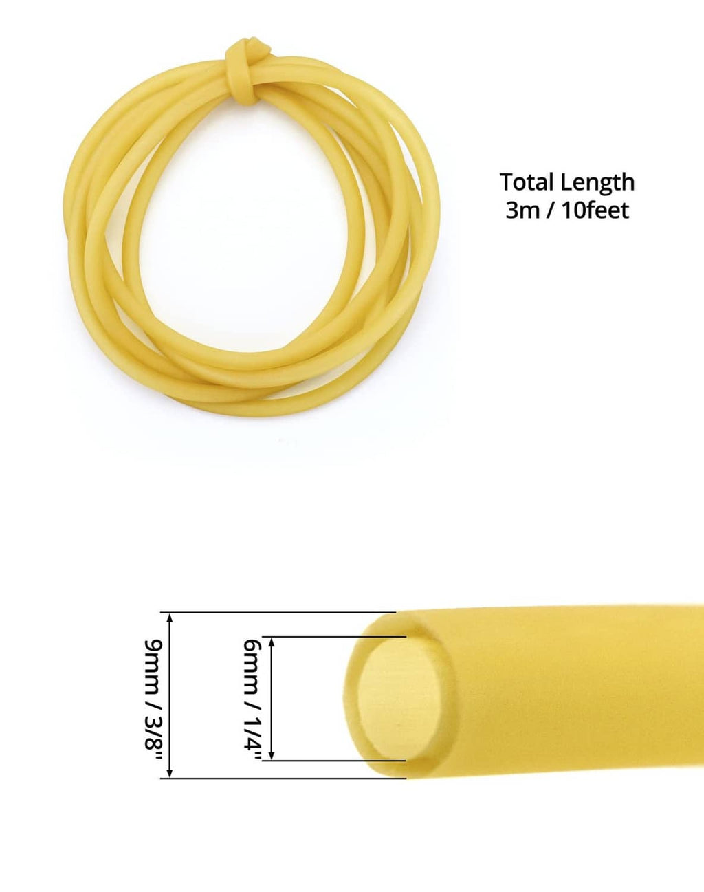 Natural latex rubber tubing, yellow tube; shows OD 3/8 in and ID 1/4 in