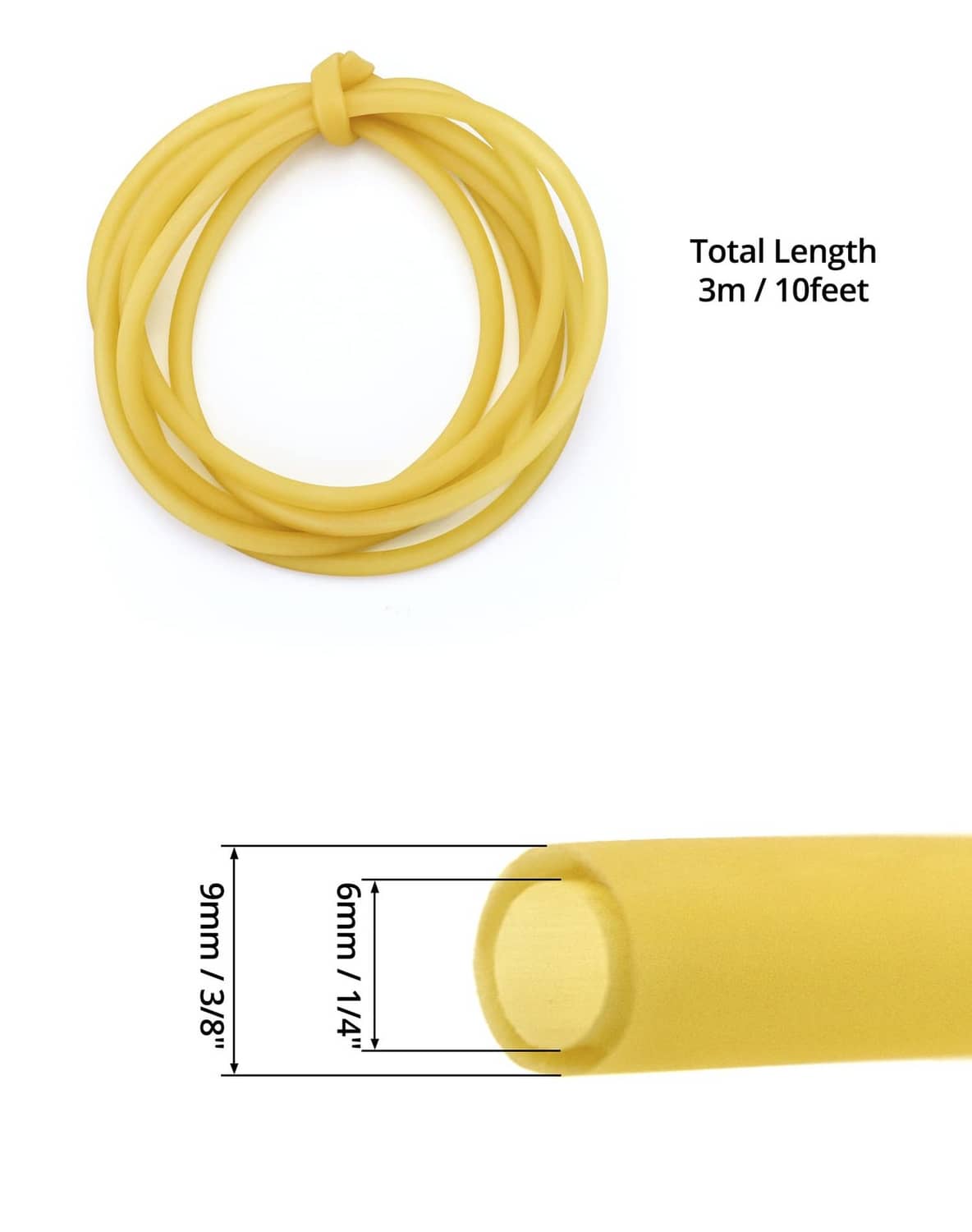 Natural latex rubber tubing, yellow tube; shows OD 3/8 in and ID 1/4 in