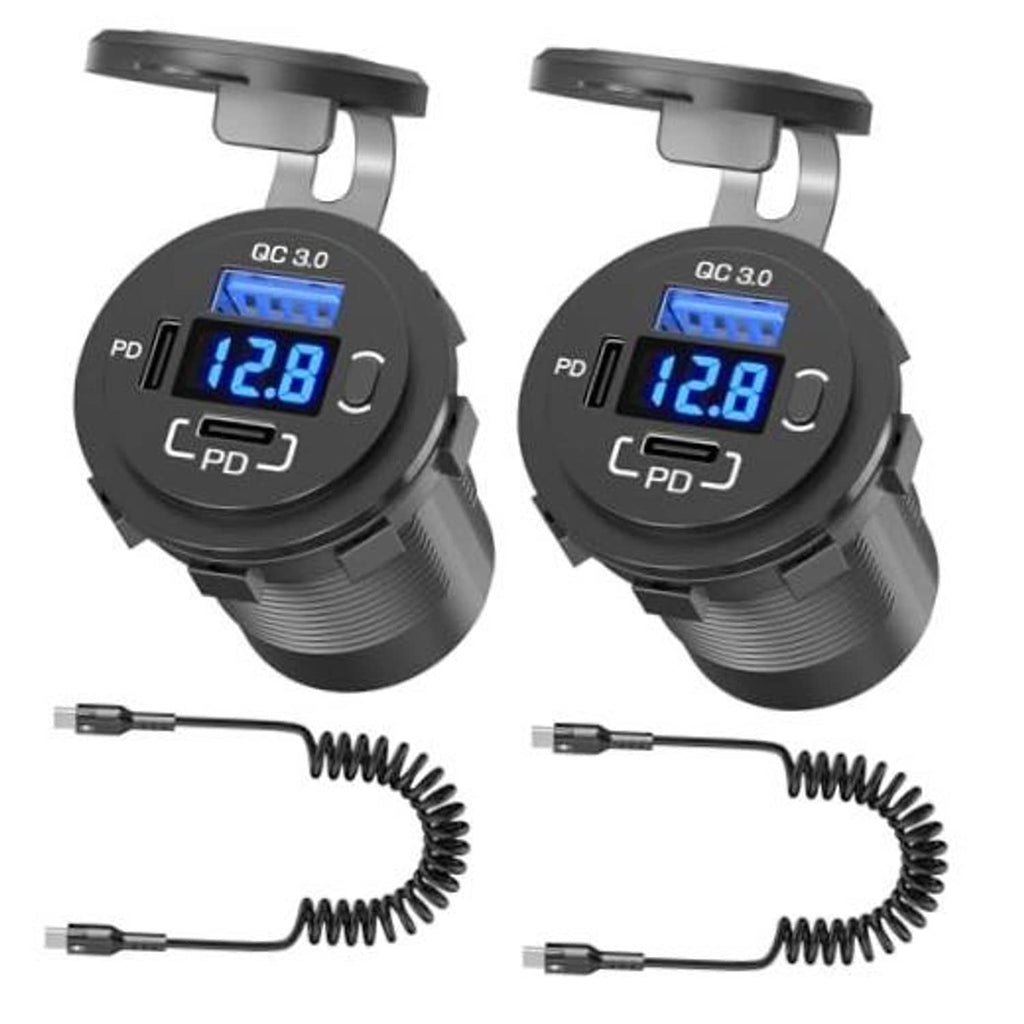 Black car USB-C outlet charger with dual ports, QC and PD display reading 12.8V
