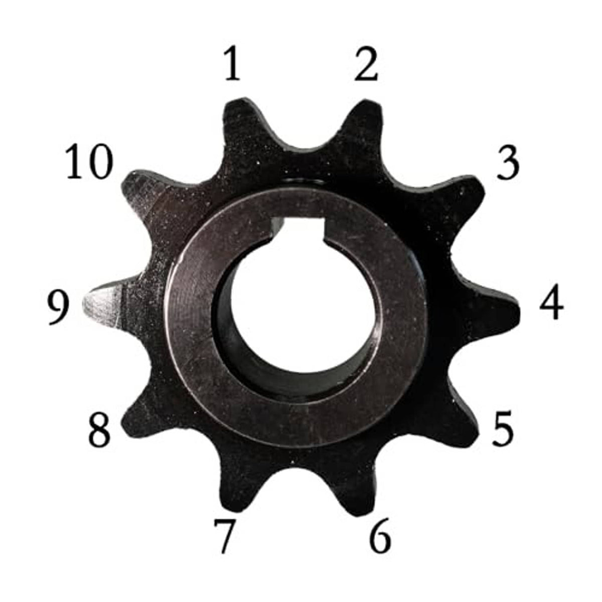 Black 10-tooth sprocket gear close-up with central bore and toothed edge